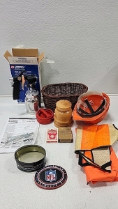 Campbell Hausfeld HVLP Spray Gun w/ tools, Wicker Basket, 2x Safety Vests, Hardhat, Playing Cards & Stencil Set
