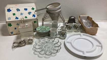 New and Vintage Kitchenware: Breadbox, Napkin Rings, Silverware, Glass Deviled Egg Tray and more