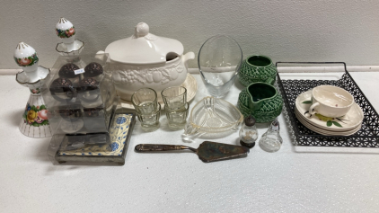 Assorted Kitchen Items: Napkin Rings, Serving Dish, Glassware, and more