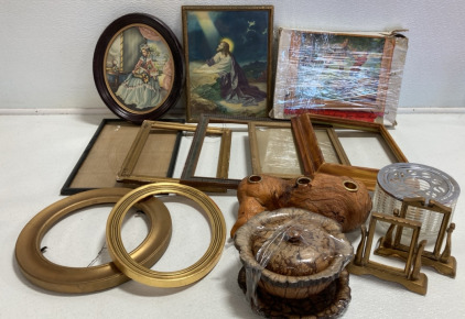 Assorted Vintage Frames, Vintage Puzzle, Wood Candle Holder, Wood Bowl, Candle Warmer and more