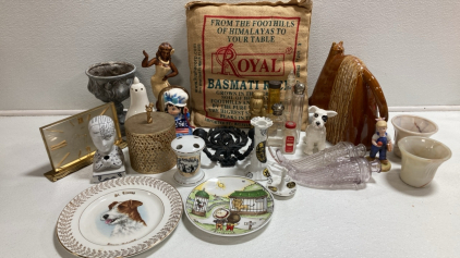 Assorted Knick Knacks and Decor: Rice Bag Pillow, Cat Figure, Candle Sconce, Vintage Bottles, and more