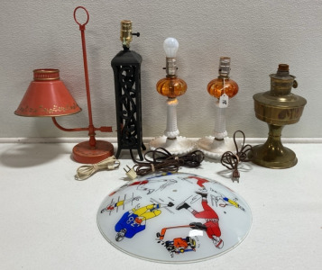 (4) Assorted Table Lamps, (1) Brass Oil Lamp, (1) Sports Ceiling Light Cover