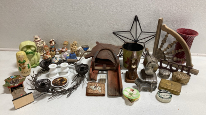 Assorted Rustic Decor and Vintage Knick Knacks: Vintage Pencil Sharpener, Small Figures, Wood Wall Corner Mount, Metal Nest Candle Holder and more