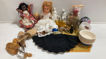 Assorted Vintage Home Decor: Dolls, Beaded Mat, Shoe Forms, Knitted Purse, Figures and more