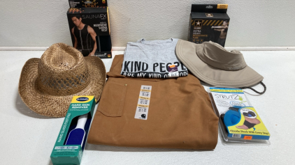 Carhartt 42x30 Work Pants, (2) Outdoor Hats, Sauna Vest, Resistance Tube, 2XL Tshirt and more