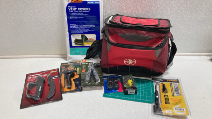 Cooler, Vent Covers, Sporting Knife, Fiskars Pruner, Multitool, and more
