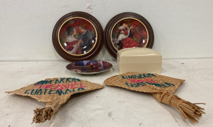 (2) Romantic Couple Designed Wall Decor, (2) Wooven straw Rackets, and more