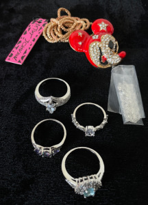 Costume Jewelry- Betsey Johnson Mickey Mouse Necklace, (2) Size 9 Rings, (2) Size 10 Rings, and (1) Necklace Chain