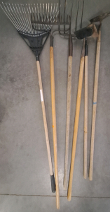 Gardening Tools--3 Hoes, 2 Rakes (Rock & Leaf), 1 Pitchfork....BB18