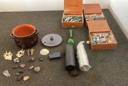 Thermus Box Of Scissors And Holepunchers, Box Of Glitter & Stampers And A Jar Of Seashells & Rocks