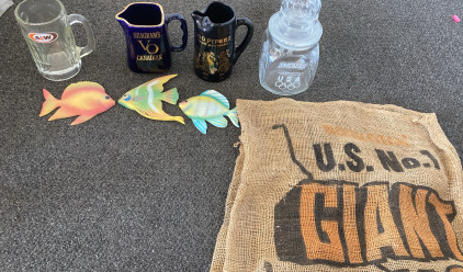 Vintage Snicker Candy Jar From 1992 US Olympic Team 100 Pipers From Scotland Beer Mug Seagrams VO Canadian Beer Mug And A&W Root Beer Mug Including Giant Idaho Potato Sack