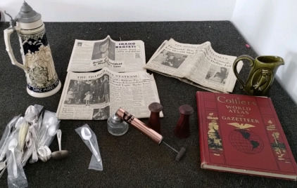 Antique Silverware Pitcher From OLD CROW DISTILLERY A Vintage Stein From Germany , Wizard Sprayer Collier's World Atlas And GAZETTEER And Old News Clippings From Assassination Of John F Kennedy