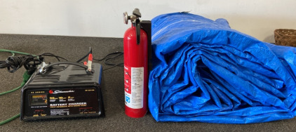 Large Tarp 19X36, Fire Extinguisher, Schumacher Battery Charger