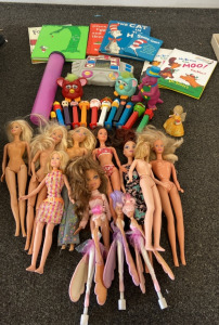 Assortment Of Vintage Kids Toys, Barbies, Pez Dispensers And Kids Books