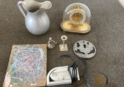 Wear Ever Water Pitcher Antique Clock And Candle Holders Postcard Iron And Ghost Towns Of Idaho Book