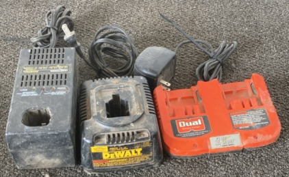 (1) DeWalt Battery Charger, (1) Craftsman Battery Charger, (1) Fire Storm Dual Charger