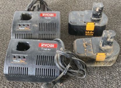 (2)Ryobi Battery Chargers, (2) Ryobi Batteries