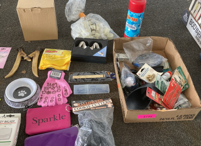 Box Of Tools Including 8mm Serrated Wrench, Screws,Lightbulbs, Soldering Gun Tip, Cookie Cutters Gardening Gloves And More