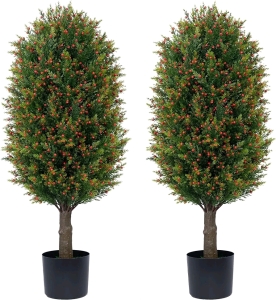 Set of 2 JoyPower 3FT Artificial Potted Bushes UV Resistant Potted Plants for Outdoor/Indoor