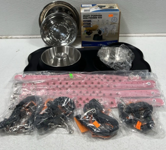 (2) Sets of Dog Bowls, (2) Sets of Dog Bowls, (1) Multi-Purpose Dog Feeder Toy, (4) Medium Pink Spike Collars, (4) Mighty Paw Leash Pull Trainers