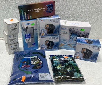 (3) Automatic Fish Feeders, (1) Hanging Fish Tank Filter, (1) Filter Cartridge, (3) 4-Pack Aquarium Humidifiers, (1) Bag of Blue Aquarium Sand, (1) Natrual Dried Seaweed for Fish, (1) RGB Aquarium Ligh