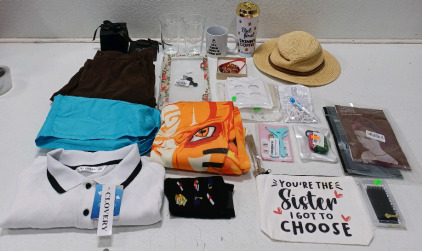 (1) Sun Hat (2) Glass-Chang Cups (1) 3X Long Sleeve Shirt (1) XXL Anime Pull-Over Hoodie & More