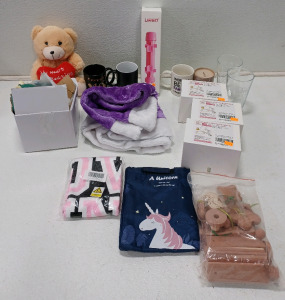 (3) Coffee Cups (2) Vintage Glass -Chang Glasses (1) Dish Towel (1) Stuffed Bear (1) Christmas Tree Skirt & More