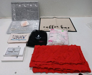 (1) Coffee Bar Mat (1) Wall Hanging Pill Organizer (4) Red Throw Pillow Covers (1) Thigh Trimmer & More