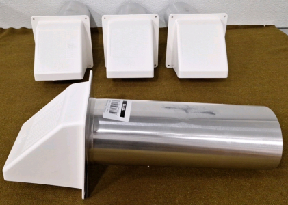 (4) Dryer Vent Hoods W/Flapper, 4" White Hood, 11" Long/ 4" Diameter Tail