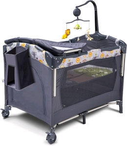 SKIH 5 in 1 Baby Bedside Sleeper, Bassinet with Toys & Music Box, Mattress, Foldable Playard (Grey)