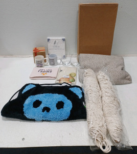 (1) 10.5in Wide Coffin Letter Board (2) Lrg. Macrame (2) Stemless Wine Glasses (3) Coffee Cups & More