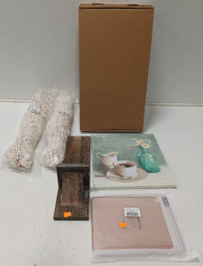 (2) Large Macrame (2) 10.5in Wide Coffin Letter Boards (1) Wall Decorative & More