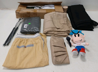 (1) Round Backdrop Stand (1) 44W/30L Men's Tactical Pants (1) XXL Men's Shorts (2) Black Curtians & More