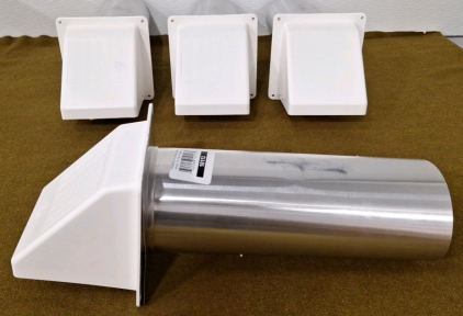 (4) Dryer Vent Hoods W/Flapper, 4" White Hood, 11" Long/ 4" Diameter Tail