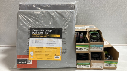 (3) Evaporater Cooler Duct Heat Plug, (5) Boxes of Assorted Sized V-Belts