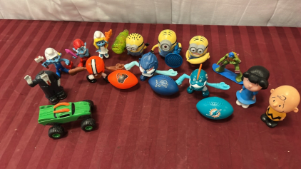 Bag Of Collectible Toys, Including Smurfs, NFL, Minions, Peanuts And More