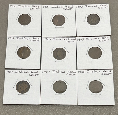 (9) Indian Head Pennies Dated 1900-1908