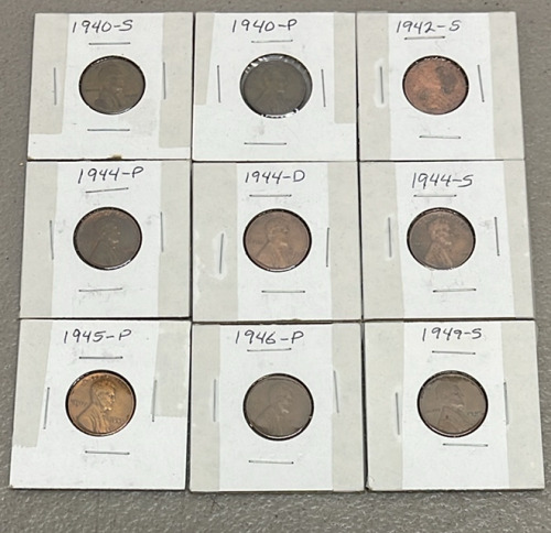 (9) Lincoln Head Wheat Pennies Dated 1940-1949