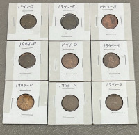 (9) Lincoln Head Wheat Pennies Dated 1940-1949