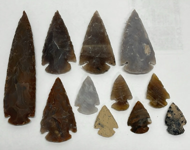 (10) Agate Arrowheads 1.25”-2.75” Long, (1) Agate Spearpoint 4.75” Long