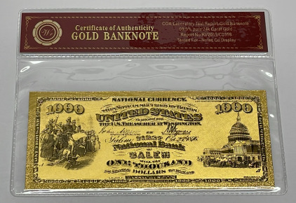 1875 $1000 99.9% Pure 24k Carat Gold Foil Banknote W/ COA