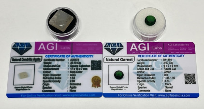(2) Certified Natural Gemstones W/ C.O.A’s (1) Is 3.00 c.t. Green Garnet Round Cut And Faceted, (1) 20.10 c.t Multicolor Dendritic Agate Cabochon