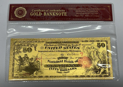 1875 $50 Dollars 99.9% Pure 24k Carat Gold Foil Banknote W/ COA