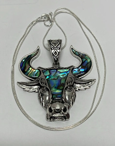 Natural Abalone Shell Wrap Tibetan Silver Bull Head W/ .925 Silver Necklace