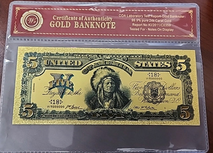 1899 $5 Dollar 99.9% Pure 24k Carat Gold Foil Banknote W/ COA