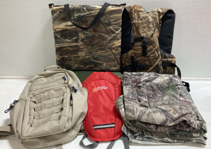 (2) Day Packs and Camo Products: Heated Seat, Life Jacket, Throwable Life Preserver, Clothes