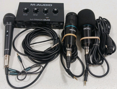 (1) M-Audio M-Track Duo (3) Assorted Microphones & Cords