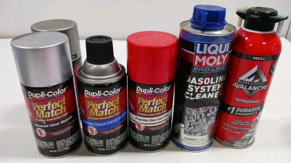 (4) Assorted 8oz Cans of Dupli&bull;Color Perfect Match Paint (1) 16.9oz Gasoline System Cleaner (1) 12oz Refrigerant Refill