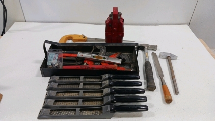 (1) Flashers & Holder (1) Tool Caddy & Assorted Tools (1) Saw (5) Stanley Surform & More!