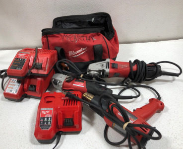 (3)Milwaukee Chargers (2) Grinders (1) Heat Gun